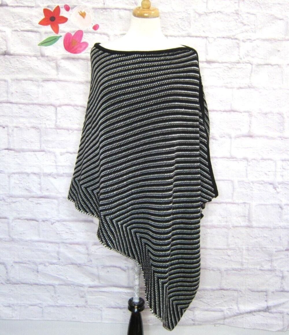 Chico's Sweater Poncho Striped Black and White Knit One Size Cotton Acrylic